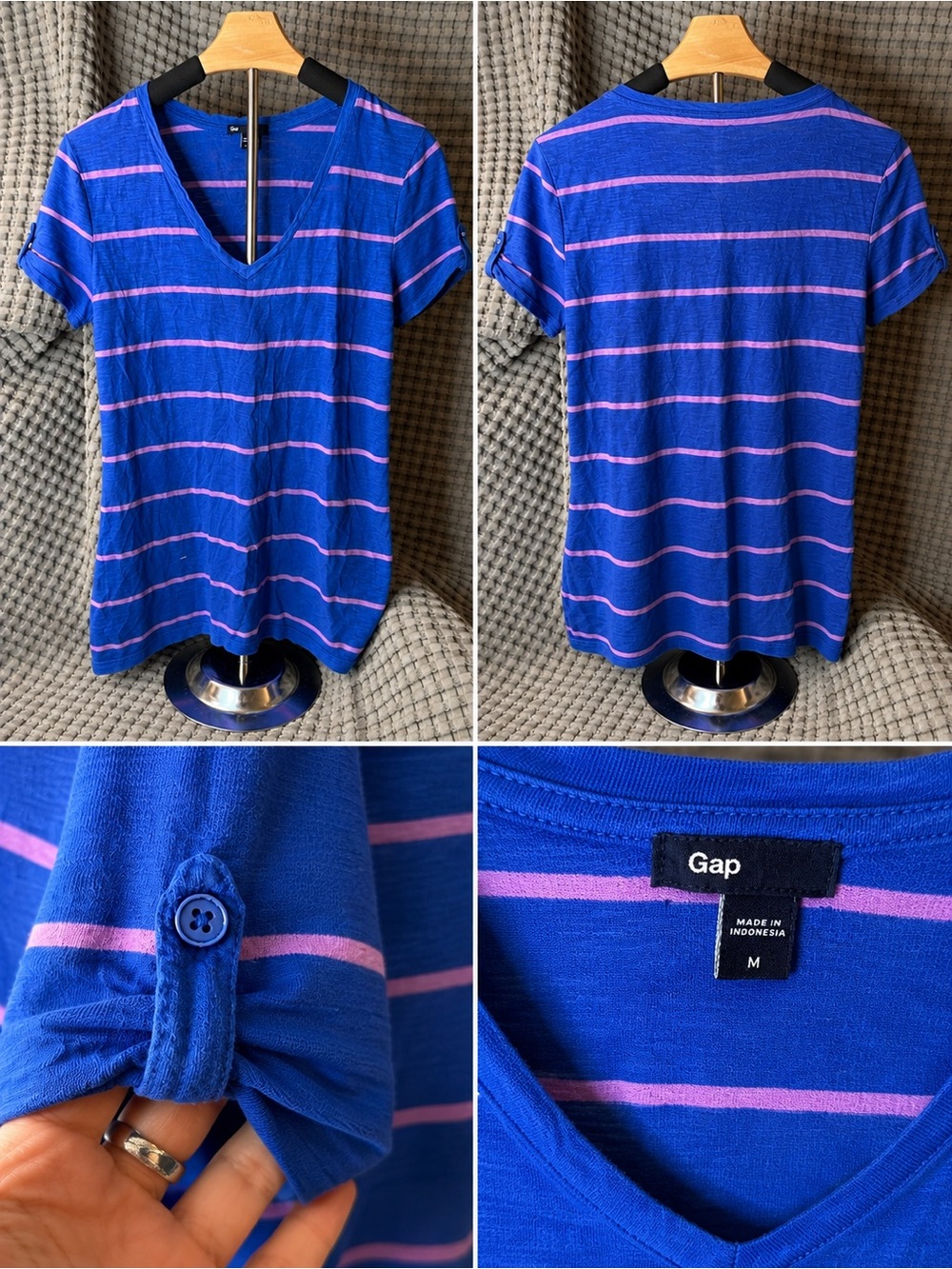GAP Royal Blue V-Neck Tee with Pink Stripes